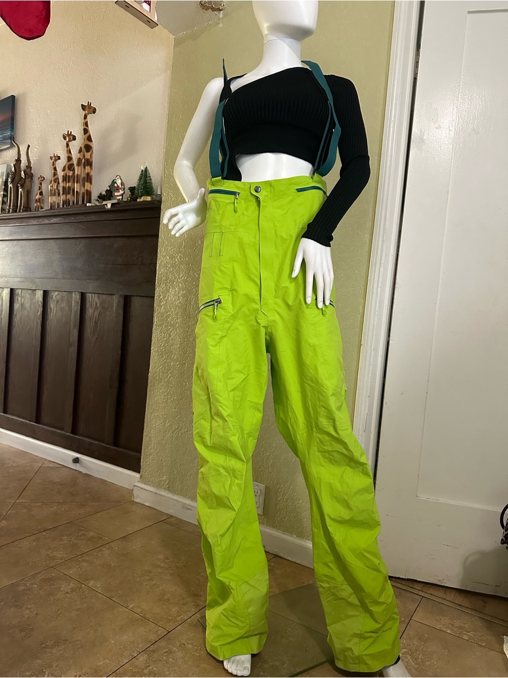 Patagonia Neon Lime Green Ski Bib Pants with Teal Logo Accent